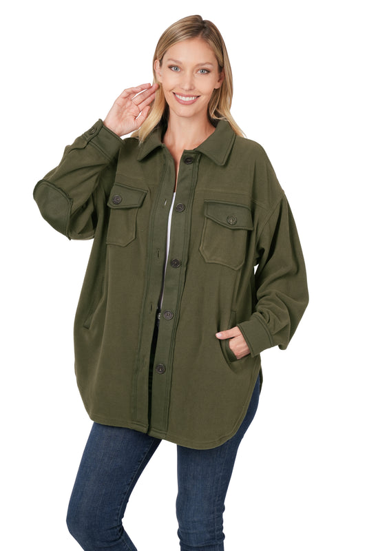 Dark Olive Oversized Basic Fleece Shacket