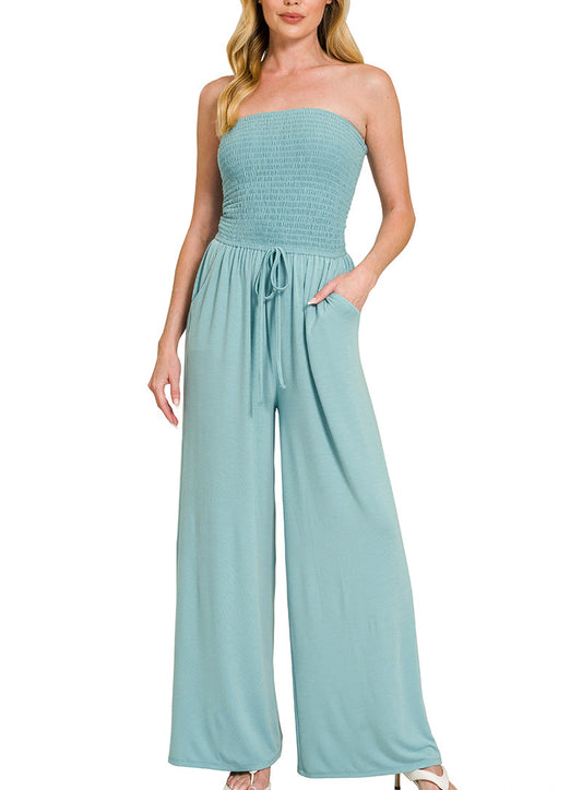 Dusty Teal Smocked Strapless Jumpsiut