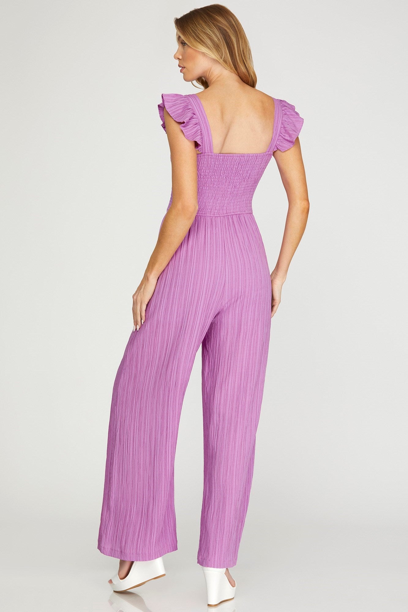 Violet Ruffle Sleeve Woven Smocked Jumpsuit