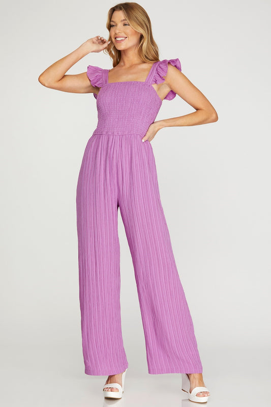 Violet Ruffle Sleeve Woven Smocked Jumpsuit