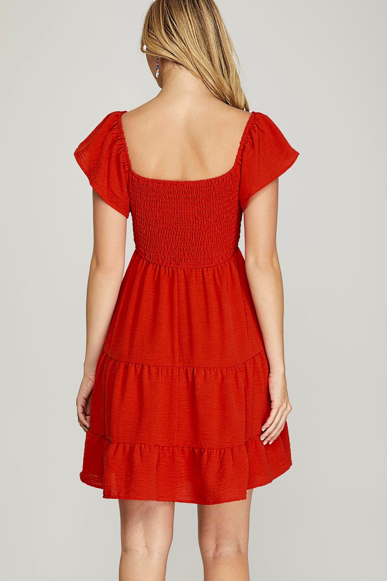 Red Flutter Sleeve Sweetheart Neck Dress