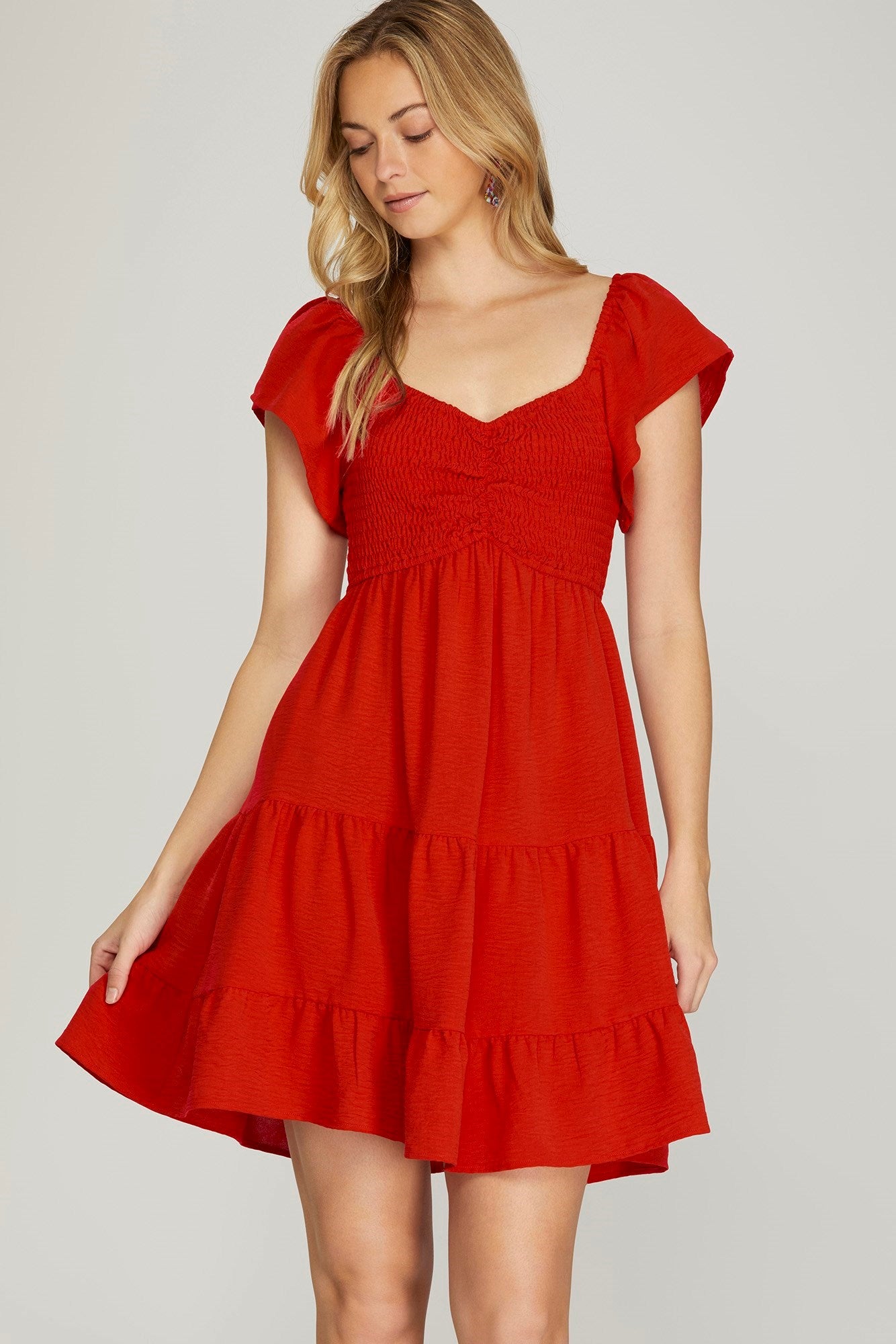 Red Flutter Sleeve Sweetheart Neck Dress