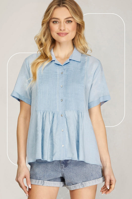Lt Blue Button Up Pintuck