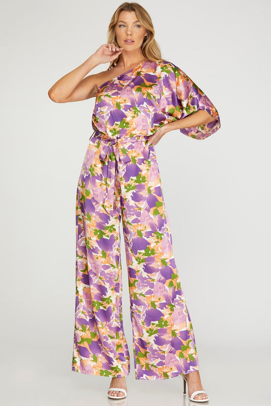 Floral One Shoulder Jumpsuit with Tie Front