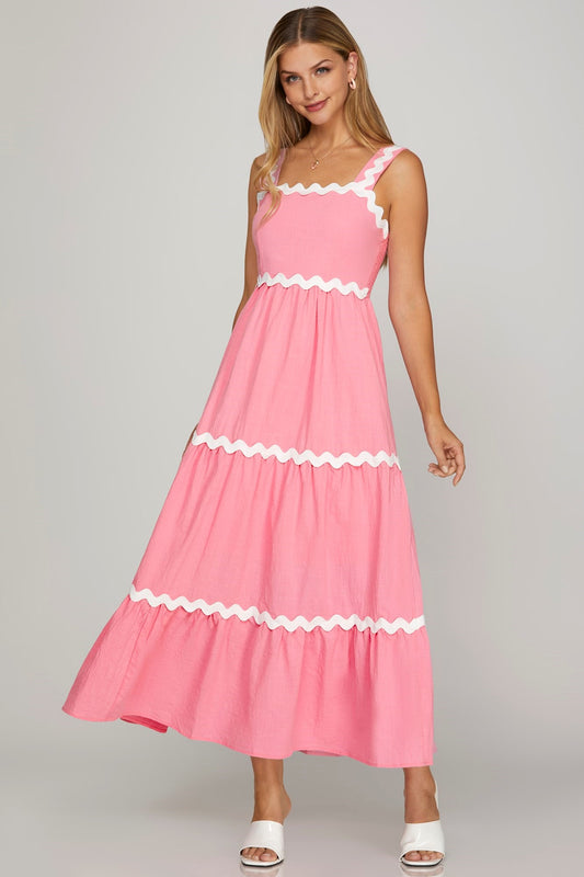 Pink & White Ric Rac Trim Woven Midi Dress