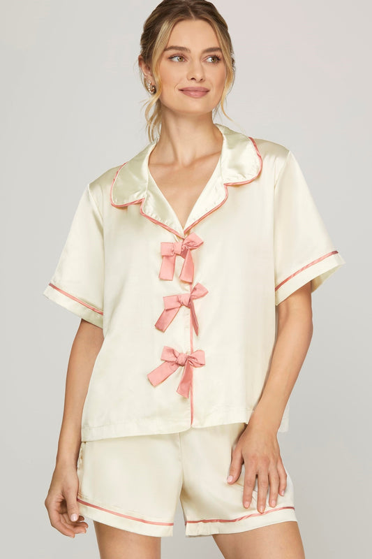 Satin Short Sleeve PJ Set With Contrast Ribbon Detail