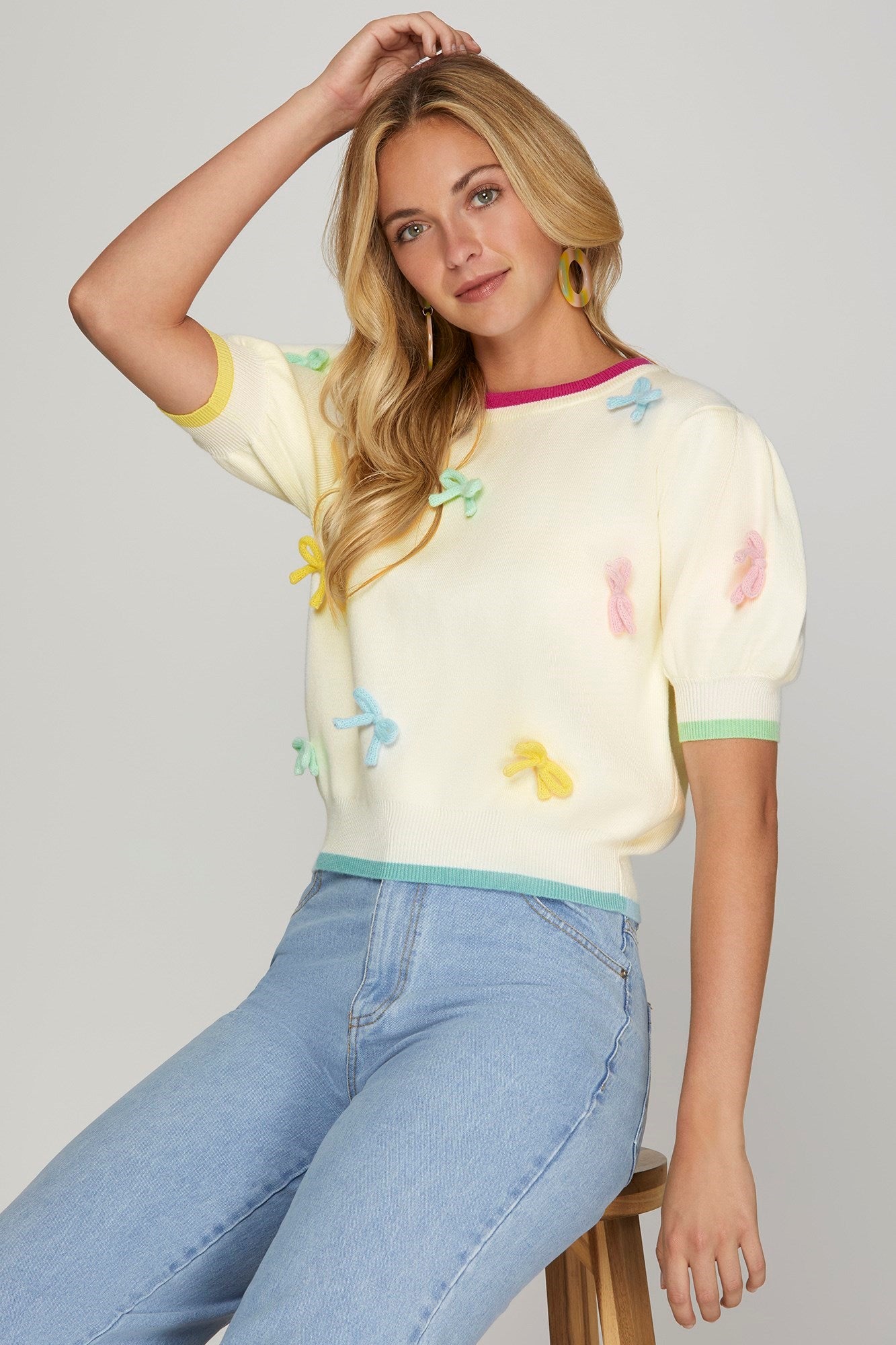 Colorful Bow Puff Sleeve Top