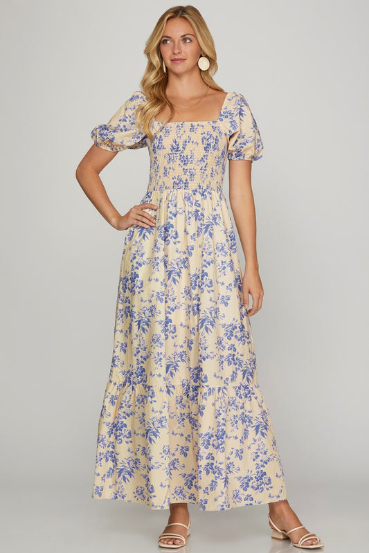 Blue Floral Woven Smocked Maxi Dress