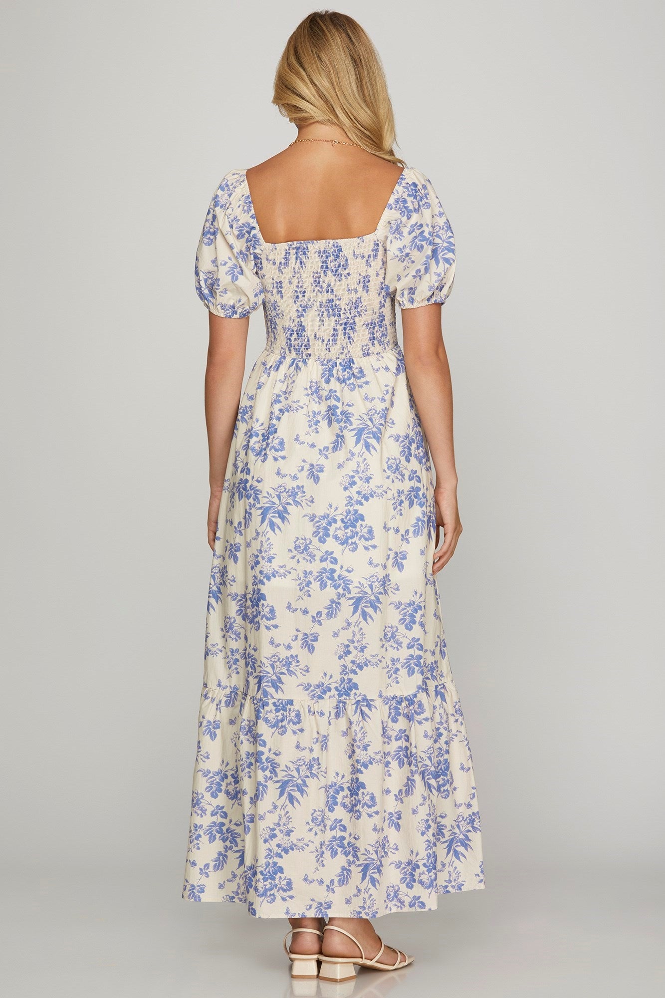 Blue Floral Woven Smocked Maxi Dress