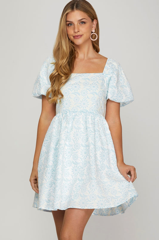 Light Blue Puff Sleeve Baby Doll Dress