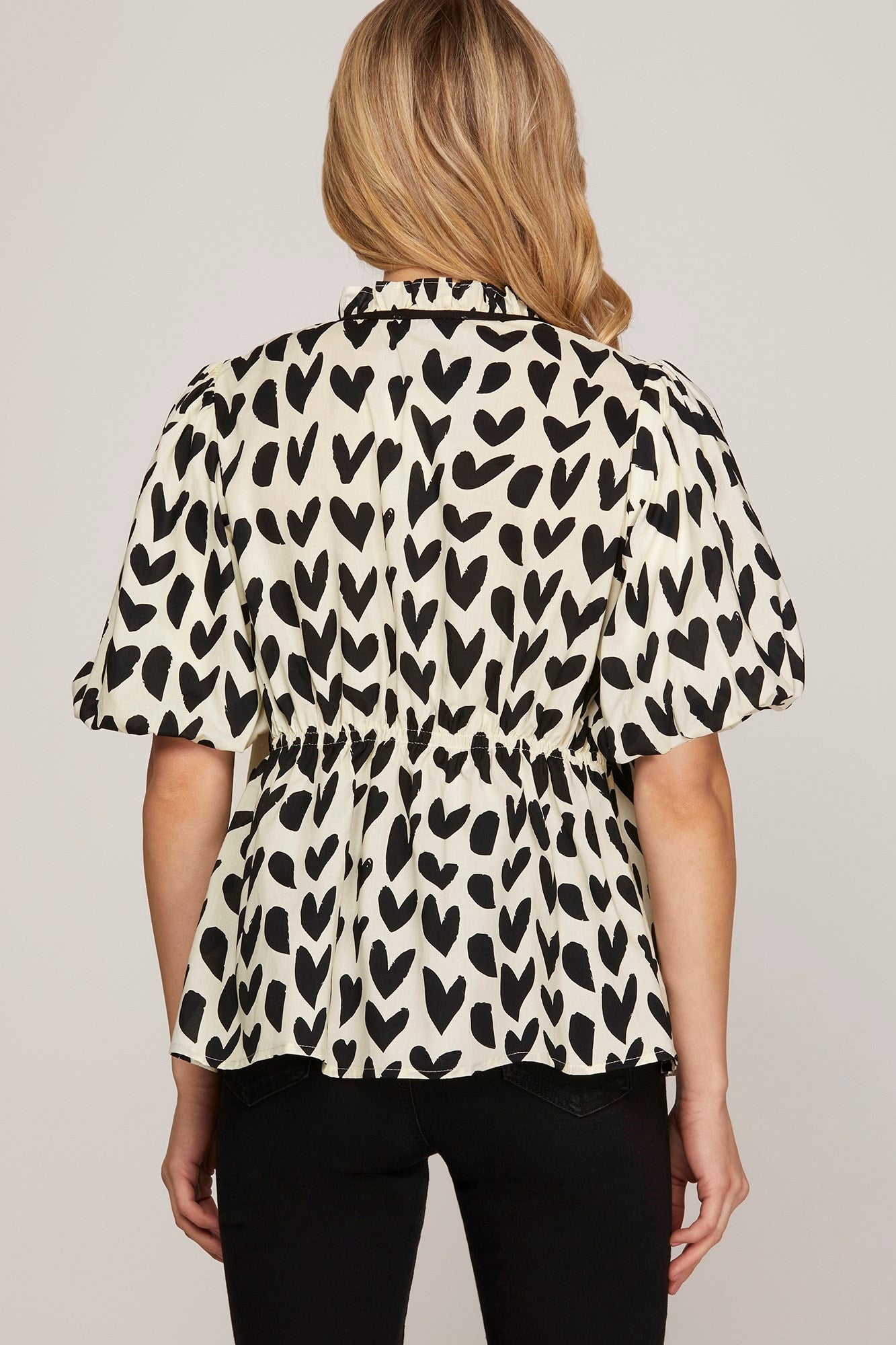 Bubble Sleeve Heart Printed Top