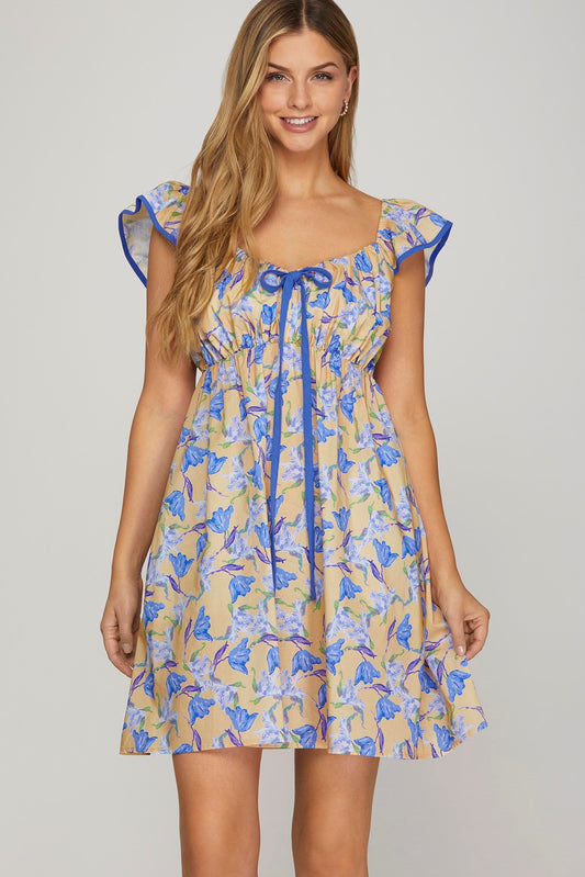 Blue Floral Tiered Mini Dress Bow w/ Pockets