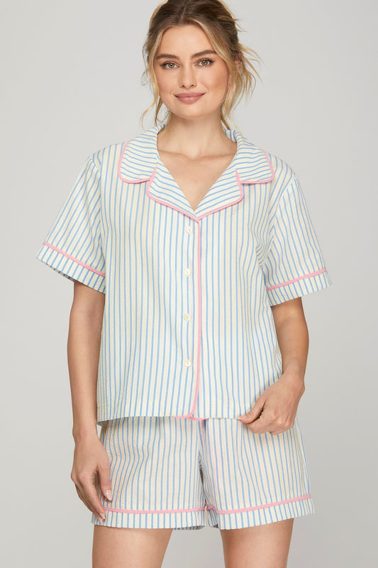 Striped Short Sleeve PJ Set with Piping Detail