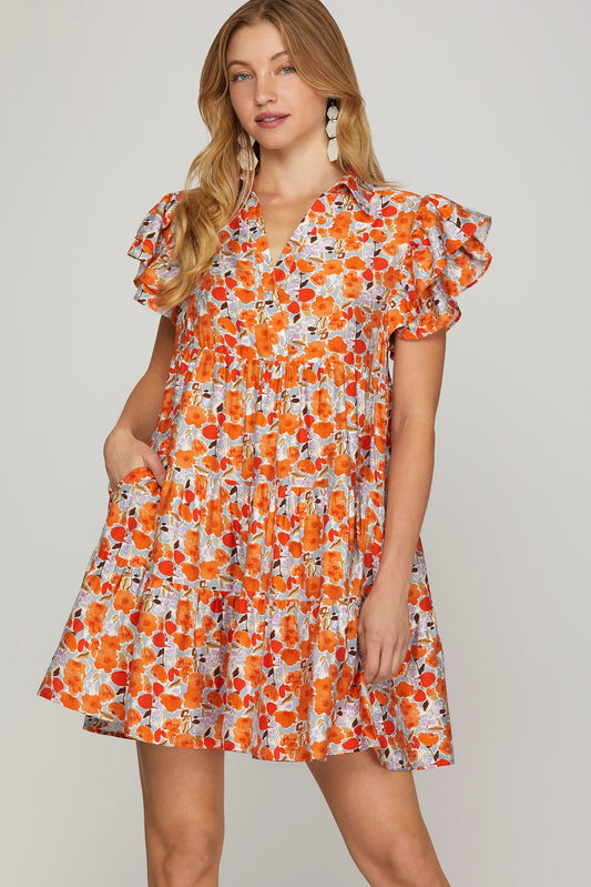 Coral Floral Ruffle Sleeve Dress w/ Pockets