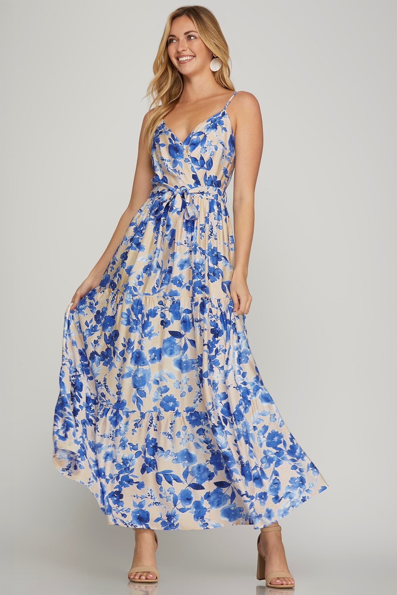 Blue Floral Print Tiered Maxi Dress