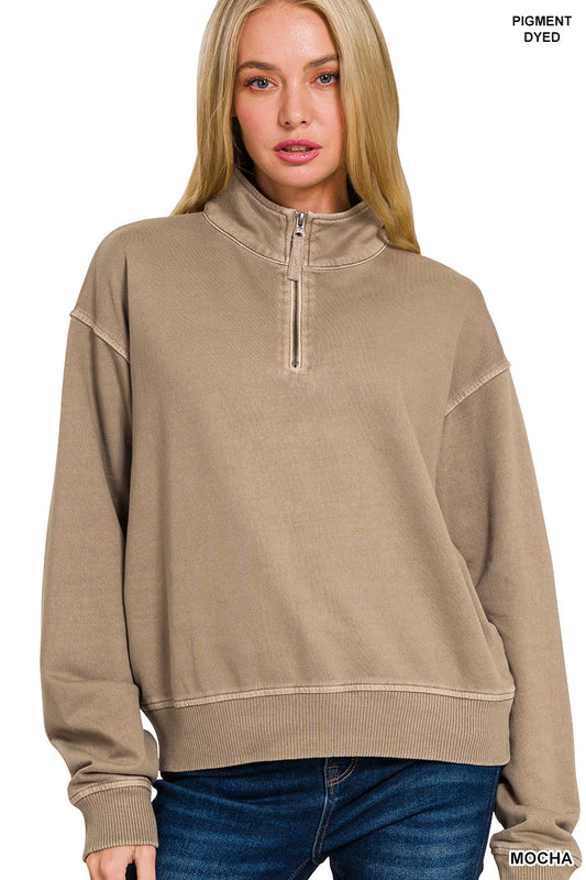 Mocha Mineral Wash Half Zip Pullover