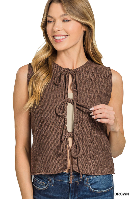 Brown Tie Front Sweater Vest