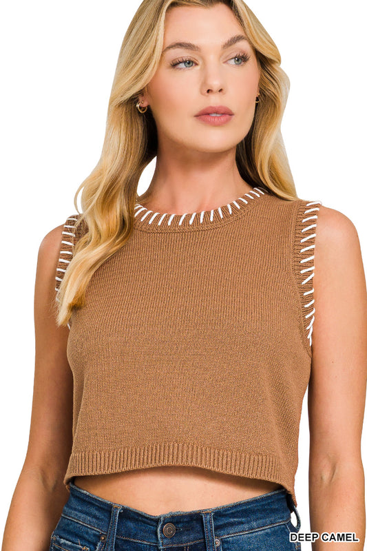 Camel Stitch Detail Cropped Knit Top