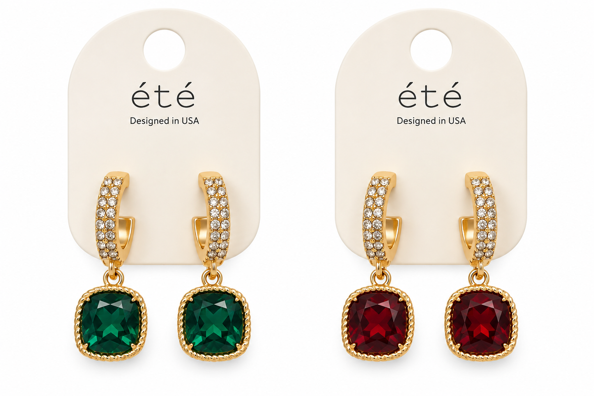 Rhinestone Hoop w/ Gemstone Drops Earrings