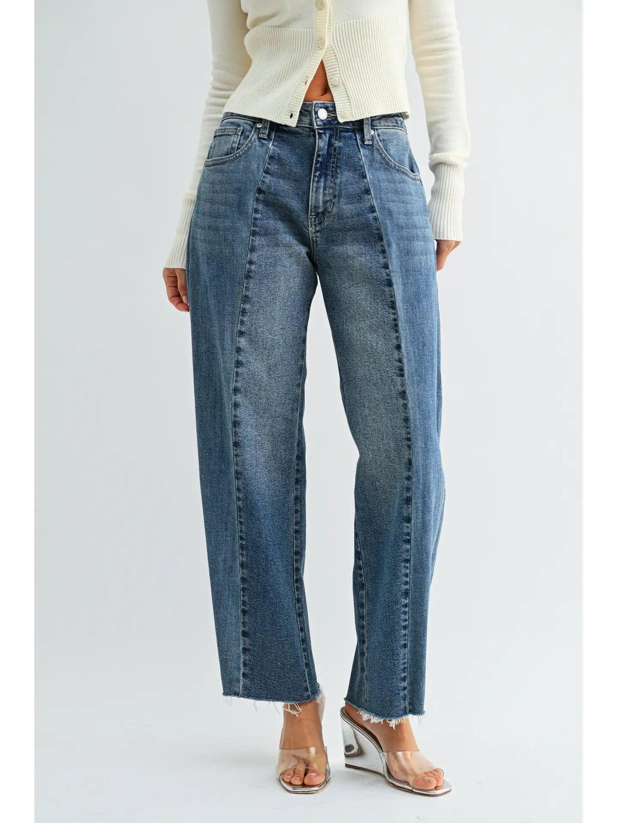 Two Toned Medium Denim Pleated Barrel Jeans