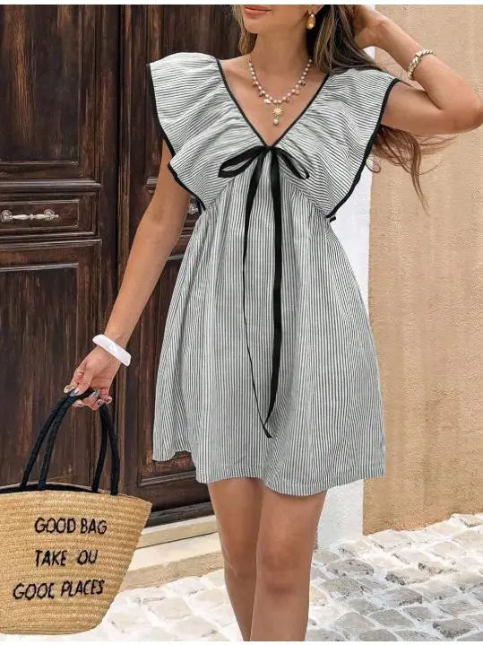 Striped Mini Dress with Ruffle Sleeves and Front Bow