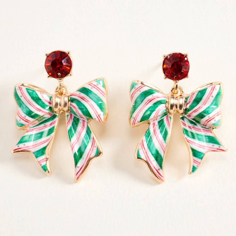 Christmas Candy Cane Bow Drop Dangle Earrings