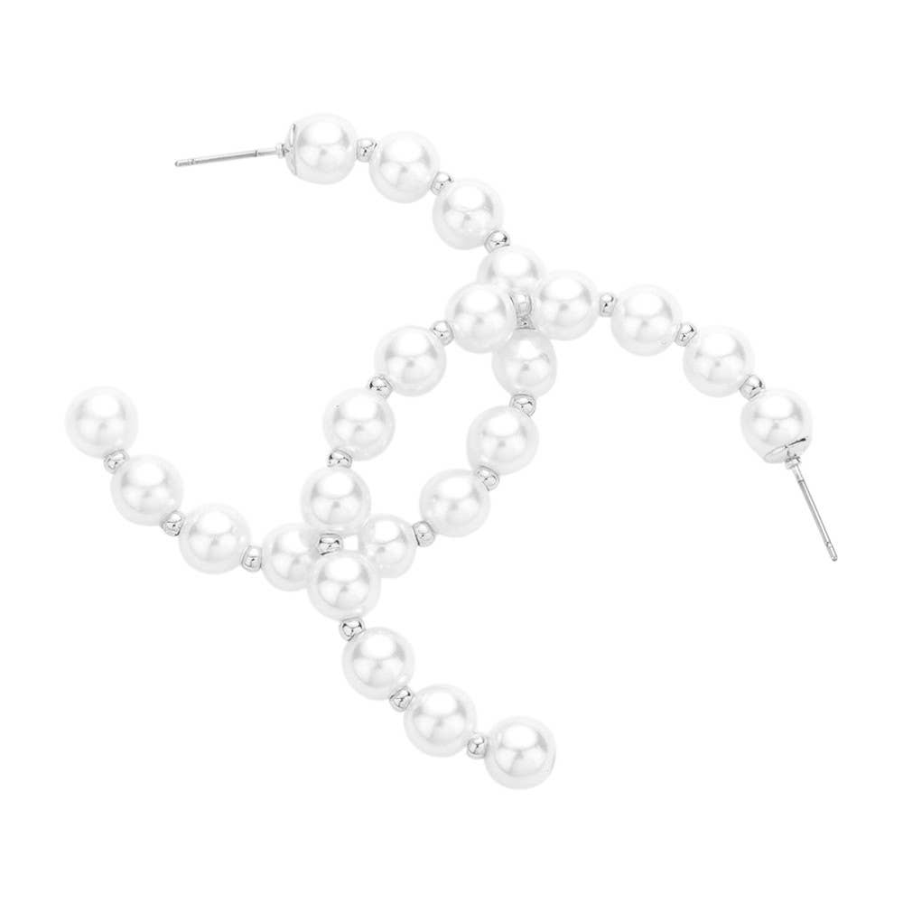 Pearl Metal Ball 2 Inch Hoop Earrings | 2 Colors