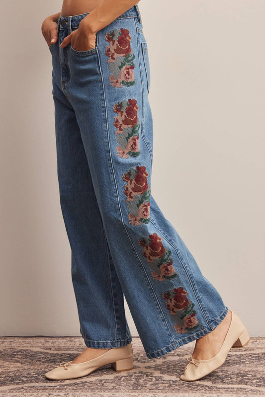 Floral Embroidered Wide Leg Jeans