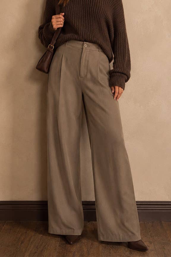 Khaki High Waist Wide Leg Dress Pants