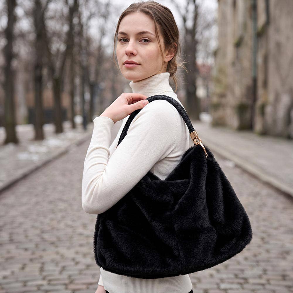 Plush Fur Slouchy Braided Handle Hobo Shoulder Bag | 3 Colors