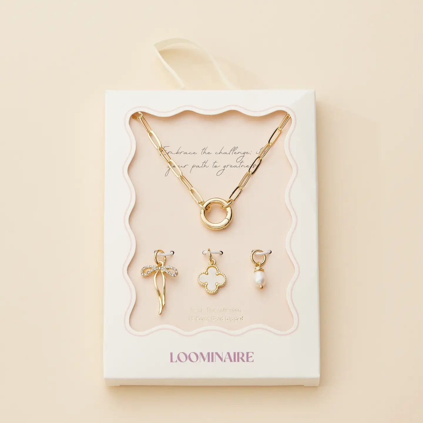 Gold Dipped Bow Charm Necklace with Clover and Pearl