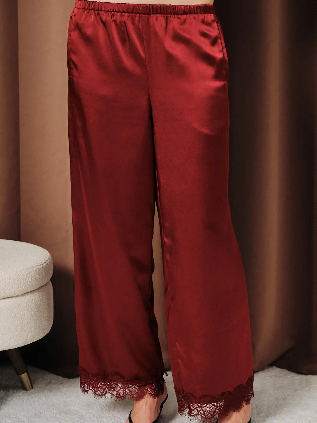 Burgundy Satin Lace Trim High Waist Wide Leg Pants