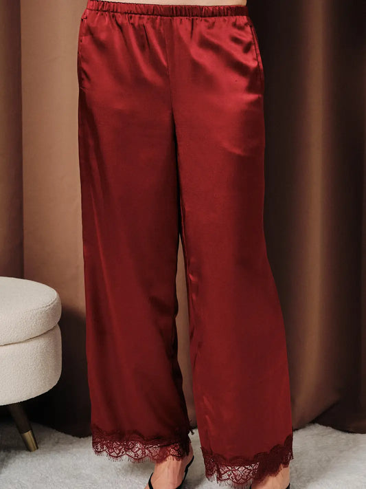 Burgundy Satin Lace Trim High Waist Wide Leg Pants