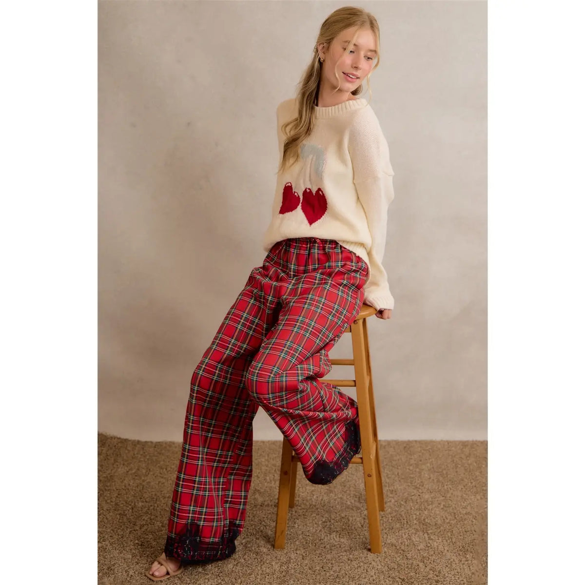 Christmas Plaid Check Lace Trim Wide Leg Elastic Mid Rise Pants