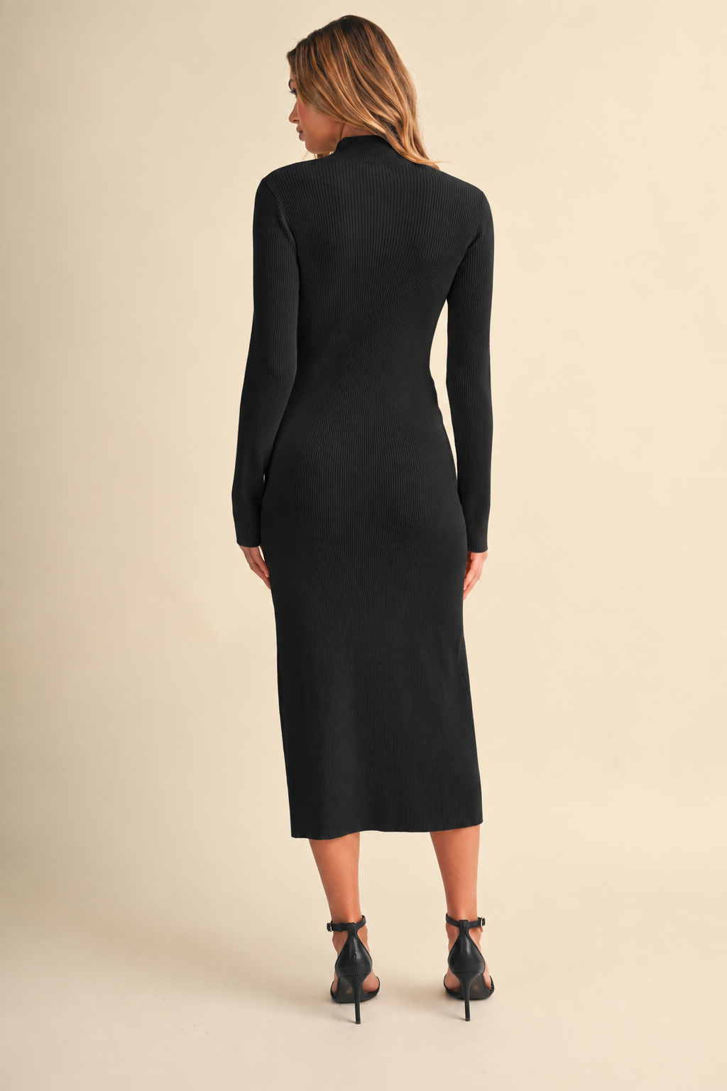 Black Midi Mock Neck Side Split Ribbed Dress