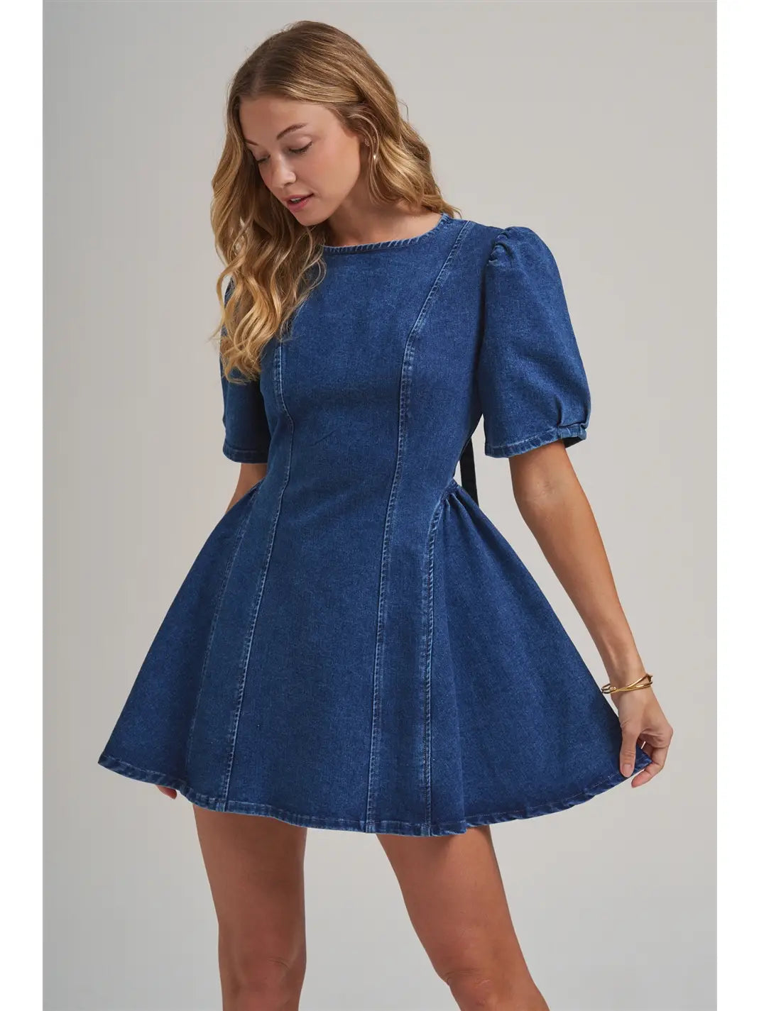 Stretch Denim A Line Dress with Puff Sleeves