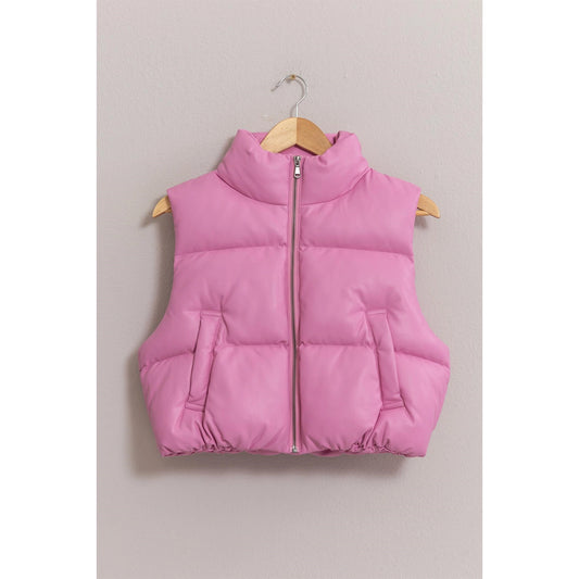 Leather Cropped Pink Puffer Vest