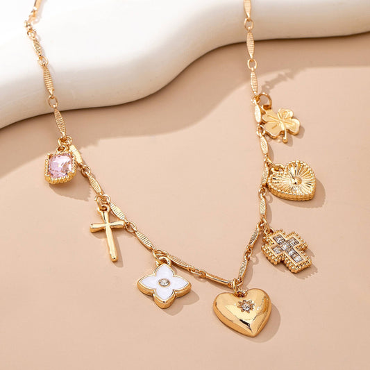 Charm Necklace with crosses, Hearts, Flowers and Clovers