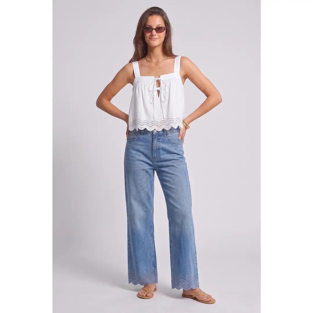 White Square Neckline Top with Scallop Bottom
