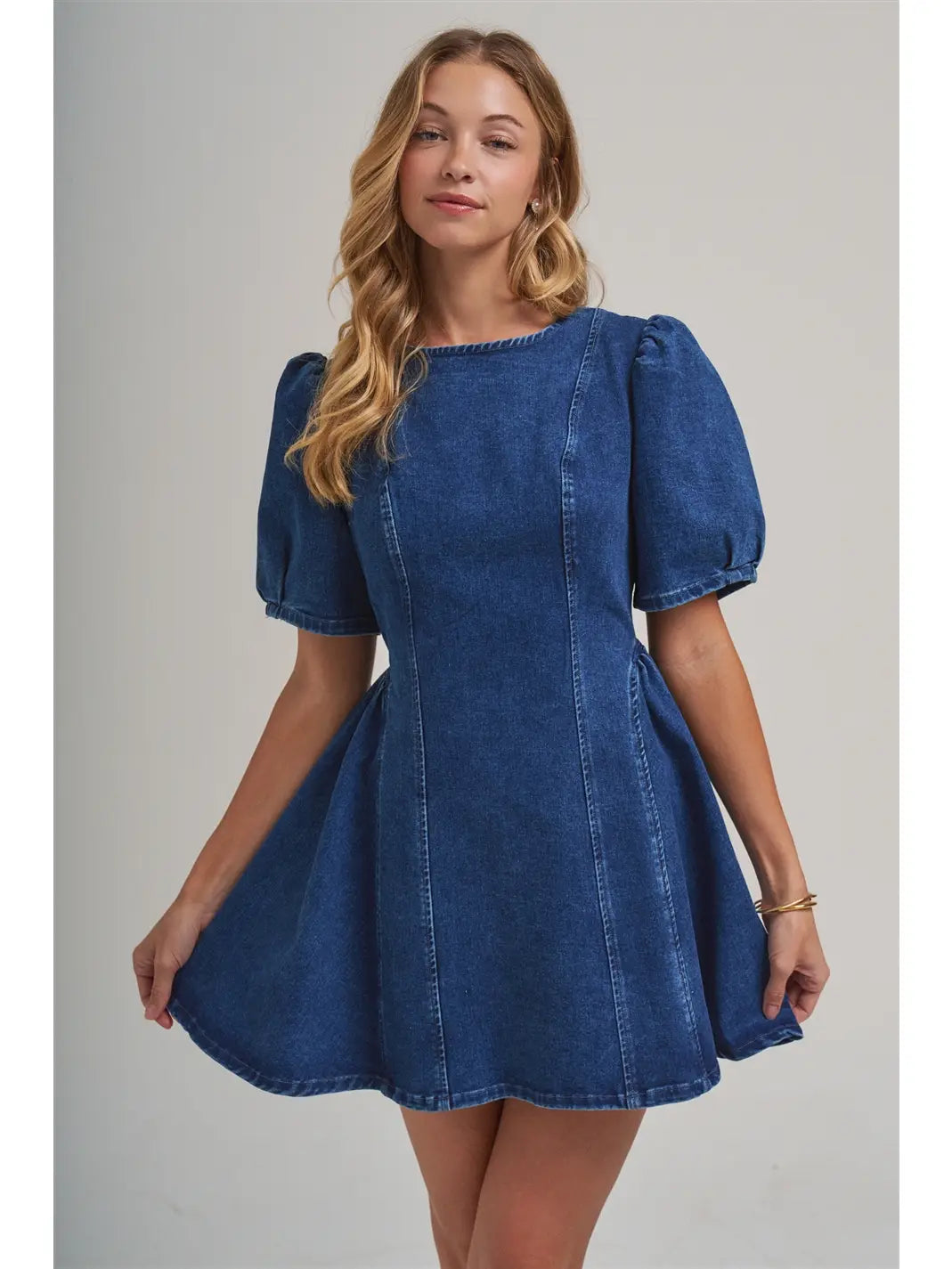 Stretch Denim A Line Dress with Puff Sleeves