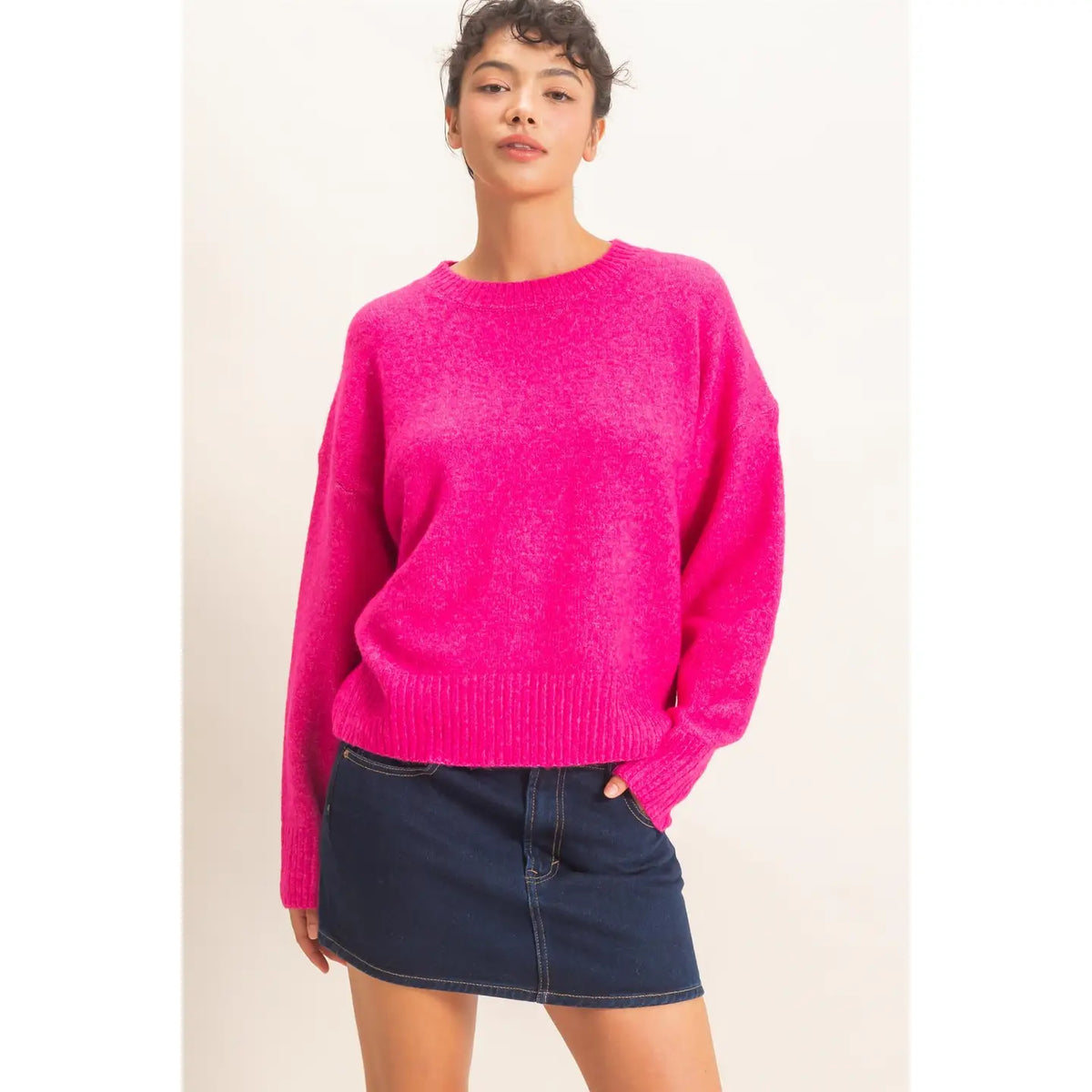 Fuchsia Relaxed Fit Crew Neck Sweater