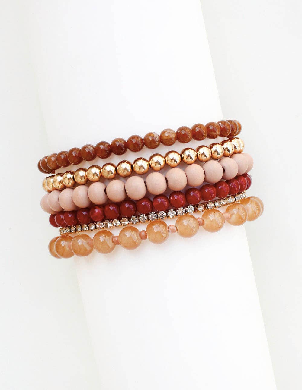 Set of 5 Brown and Rose Beaded Stretch Bracelets