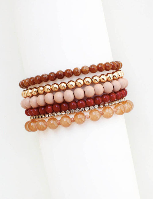Set of 5 Brown and Rose Beaded Stretch Bracelets