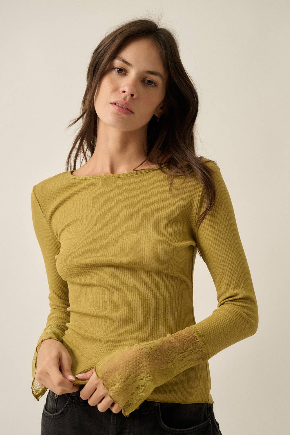 Moss Green Solid Ribbed Knit Long Sleeve Lace Cuff Fitted Top