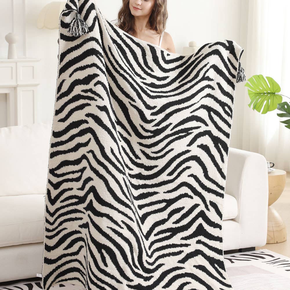 Zebra Print Throw Blanket With Tassel