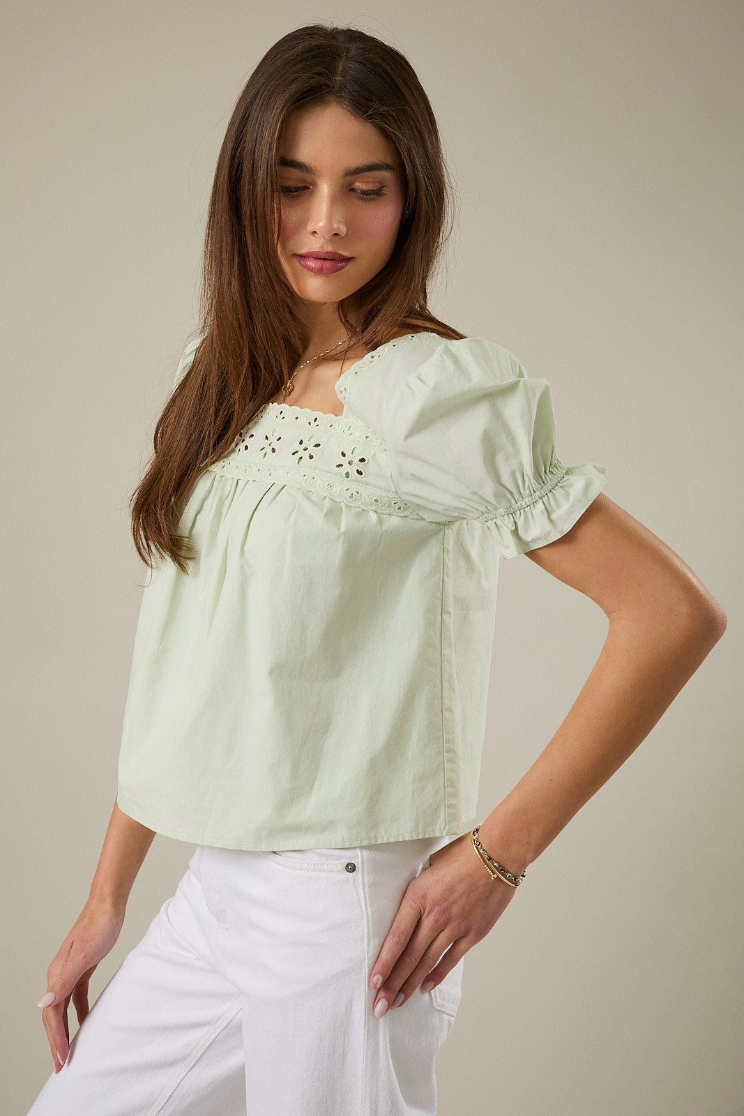 Sage Square Neck Short Sleeve Eyelet Blouse