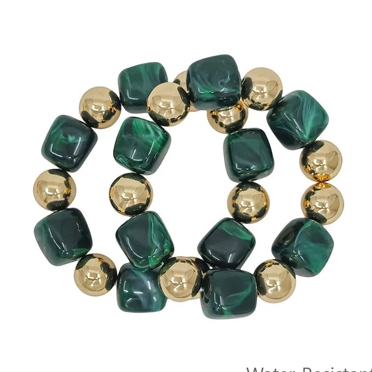 Water Resistant Gold and Emerald Green Stretch Bracelets