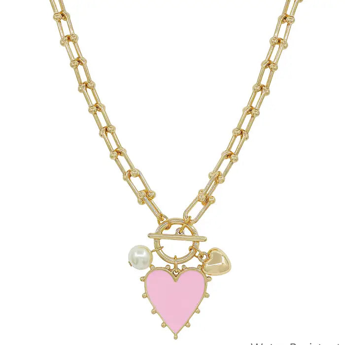 Gold Chain w' Pink Studded Heart Charm