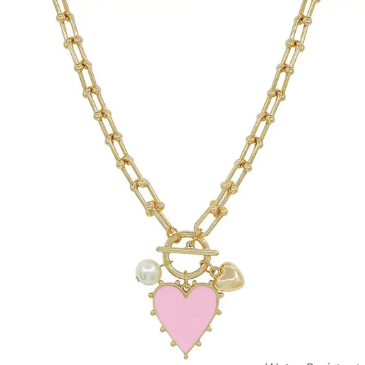 Gold Chain w' Pink Studded Heart Charm