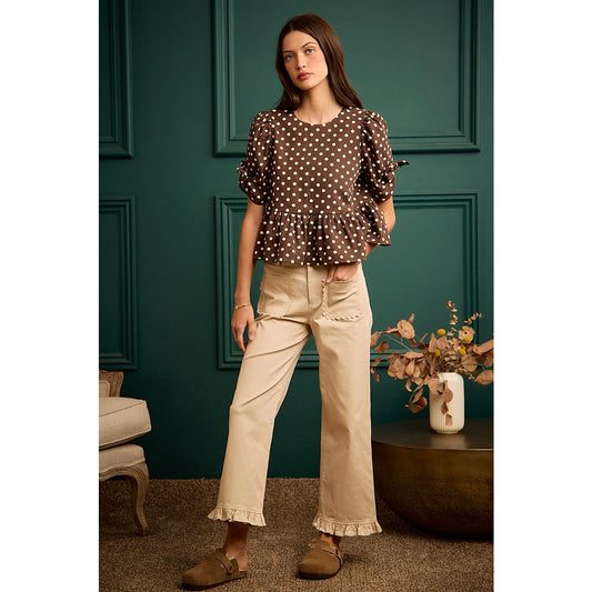 Polka Dot Bow Detail Short Sleeves Peplum Top